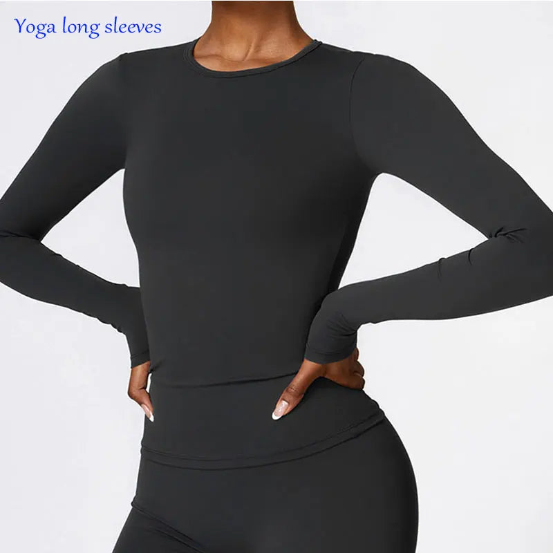 Women Yoga T-shirts Solid Sports Top Long Sleeve Gym Workout Running Shirts Sexy Exposed Navel Quick Dry Fitness Gym Sport Wear