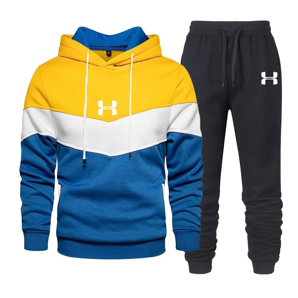Men's Tracksuit Winter Print Hoodies + Long Pants 2PCS Set Casual Splicing Hoodies Outdoor Sport Jogging Wear